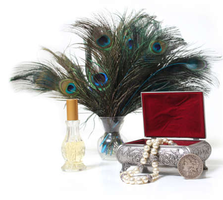 Vintage Jewelry Box and Peacock Feathersの写真素材