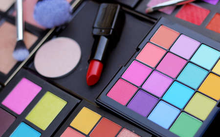Colorful Cosmetic Pigment Palettes and various cosmeticsの写真素材