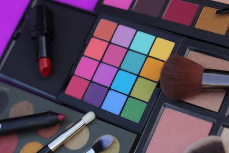 Colorful Cosmetic Pigment Palettes and Various Cosmeticsの写真素材