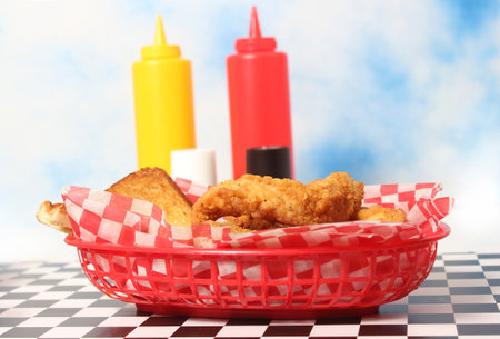 Chicken Tenders With Toast in Retro Diner on Tableの写真素材