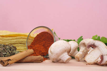 Fresh Organic Food Ingredients. Mushrooms and Spicesの写真素材