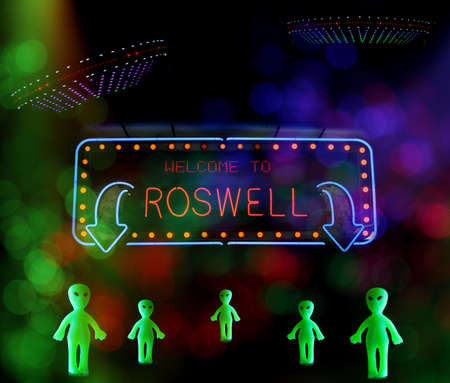 Welcome To Roswell Sign With UFO and Aliens
