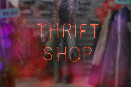 Vintage Neon Thrift Shop Sign in Wet Windowの写真素材