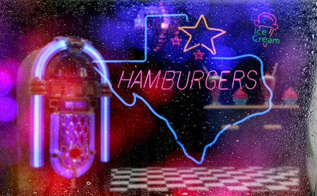 Neon Photo Composite, Texas Hamburgers and Ice Cream With Jukebox