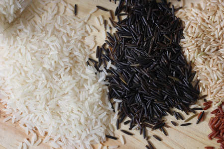 Jasmine Rice, Black Wild Rice, Brown Rice, Himalayan Red, Brown and Arborio White Riceの写真素材