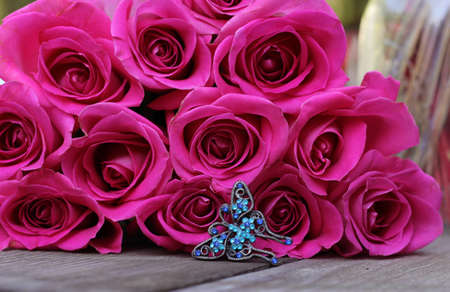 Pink Roses and Butterfly Jewelry, Shallow DOFの写真素材