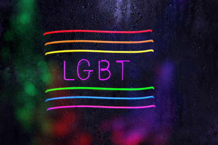 Neon LGBT Sign in Rainy Wet Windowの写真素材