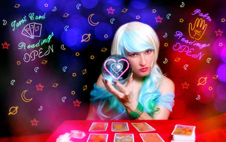 Psychic with Blond hair and Crystal Ball. Vintage Neon Lights in background
