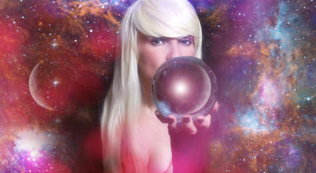 Female Psychic with Crystal Ball and galaxy background