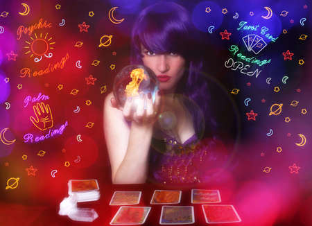 Psychic Tarot Card Reader With Vintage Neon Signs