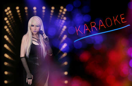 Female Karaoke Singer with 1980s fashion and Neon Signの写真素材