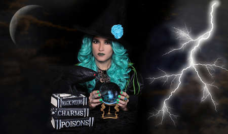 Green Hair Witch With Crystal Ball and Spell Books