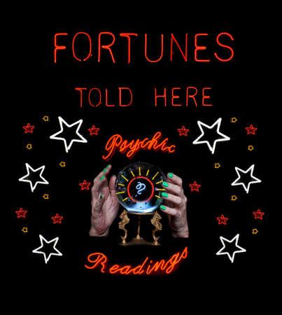 Fortune Teller Neon Sign With Crystal Ball Photo Compositeの写真素材