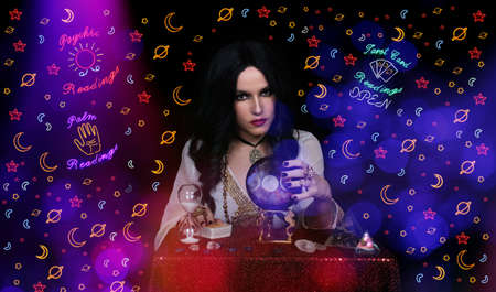 Psychic Tarot Card Reader With Vintage Neon Signsの写真素材