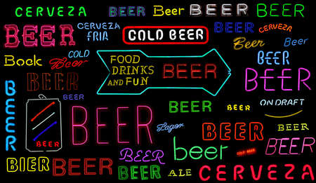 Collection of Vintage Neon Beer Signs on Black Backgroundの写真素材