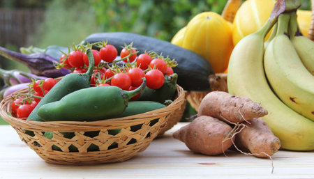 Summer Vegetable Harvest - Ginkaku Korean Melons with Pineapple, Bananas, Jalapeno Peppers and Tomatoesの写真素材