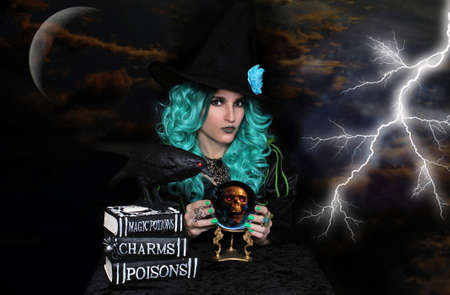 Green Hair Witch With Crystal Ball and Spell Books