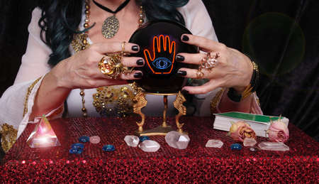 Female Psychic with crystal ball and tarot cards, Shallow DOFの写真素材