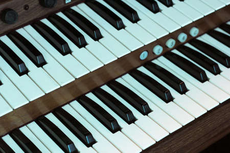 Vintage Double Church Organ in Low Light Retro Organ Close up