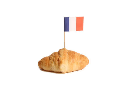 Fresh Baked Croissant Rolls Isolated on White With Flag of Franceの写真素材