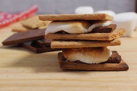 Smores. Marshmallow with Chocolate and Graham Crackers in Rustic Kitchenの写真素材