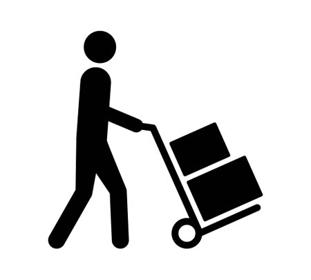 Mover pushing moving hand truck or dolly with boxes flat vector icon for apps and websitesのイラスト素材