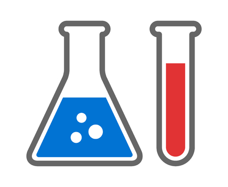 Chemistry beakers with Erlenmeyer flask and test tube holding chemicals flat vector color icon for science apps and websitesのイラスト素材