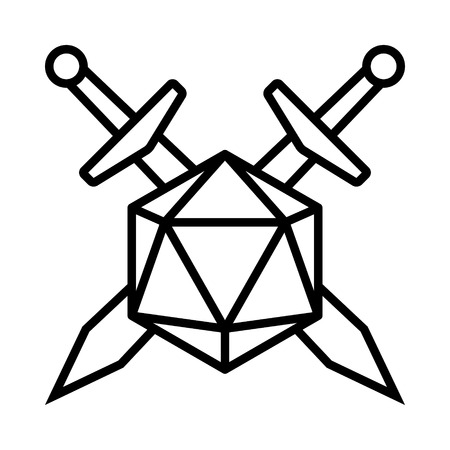 Swords crossed with 20 sided / d20 or 20d dice line vector icon for apps and websitesのイラスト素材