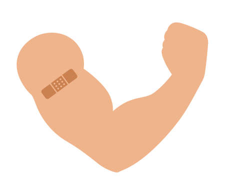 Vaccinated Caucasian arm with COVID-19 vaccine on flat vector icon health apps and websitesのイラスト素材