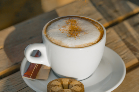 cappuccino coffee in a white cup. with cinnamone and biscuitsの写真素材
