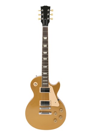Electric guitar (Gibson Les Paul gold top), logo removed, isolated on whiteの写真素材