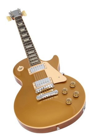 Electric guitar (Gibson Les Paul gold top), logo removed, isolated on whiteの写真素材