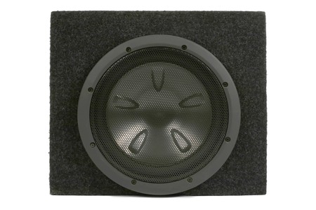 Black subwoofer. Isolated on whiteの写真素材