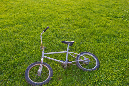 BMX bike lying on the grassの写真素材