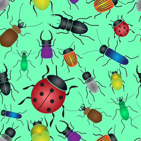 color bugs and beetles green seamless pattern のイラスト素材