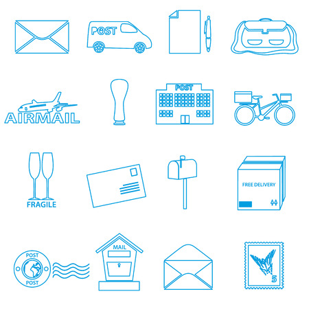 post and mail blue outline icons setのイラスト素材