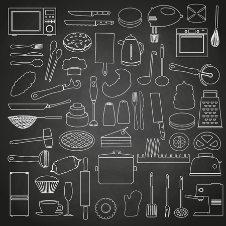 home kitchen tools and food outline icon on blackboard eps10のイラスト素材
