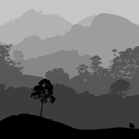 gray landscape scenery with hills and forest のイラスト素材