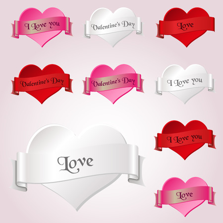 white red and pink valentine hearths and ribbon from paper decoration element のイラスト素材