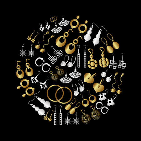 gold and silver ladies earrings types icons setのイラスト素材