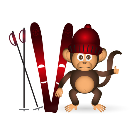 cute chimpanzee with red winter cap and ski sport little monkey  eps10のイラスト素材