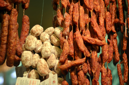 various sausages on the market from local merchantsの写真素材