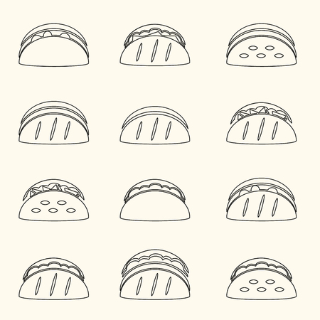 set of outline tortilla tacos food icons set eps10のイラスト素材
