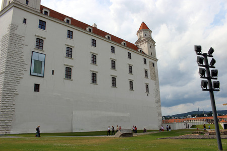 back side of the white historic Bratislava castle, dominating the capital of Slovakiaのeditorial素材