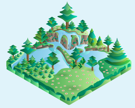 3d isometric illustration design nature landscape with forest, hills, rocks, waterfall, Spruces, flowers and meadow. Vector.のイラスト素材