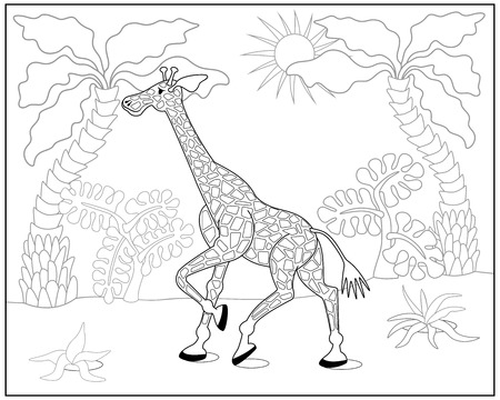 Coloring book or page with giraffe, palm trees and exotic plants. illustration.のイラスト素材
