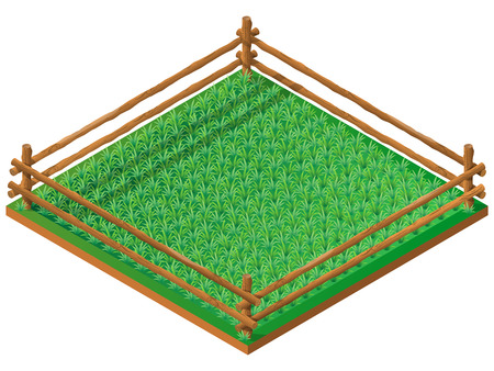 Fenced meadow. Pasture for farm animals. 3D isometric view. Vector illustration.のイラスト素材