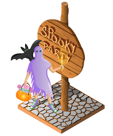 Wooden sign, bat, spooky and candle. Spooky party text. Vector illustration. 3D Isometric view.のイラスト素材
