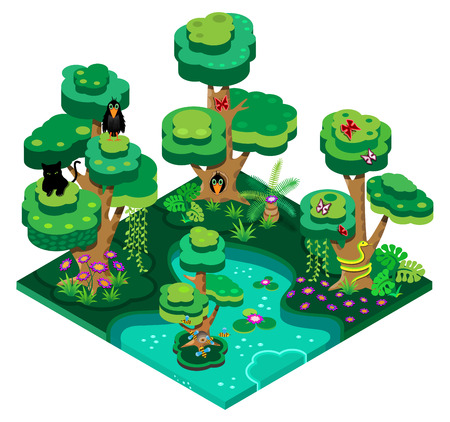 3d isometric design illustration nature landscape with forest, lake, trees, bees, butterflies, snake and crow. Vector illustration.のイラスト素材