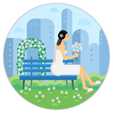 Girl in white dress sitting on a bench in the park behind the city. Flat design style. Vector illustration.のイラスト素材